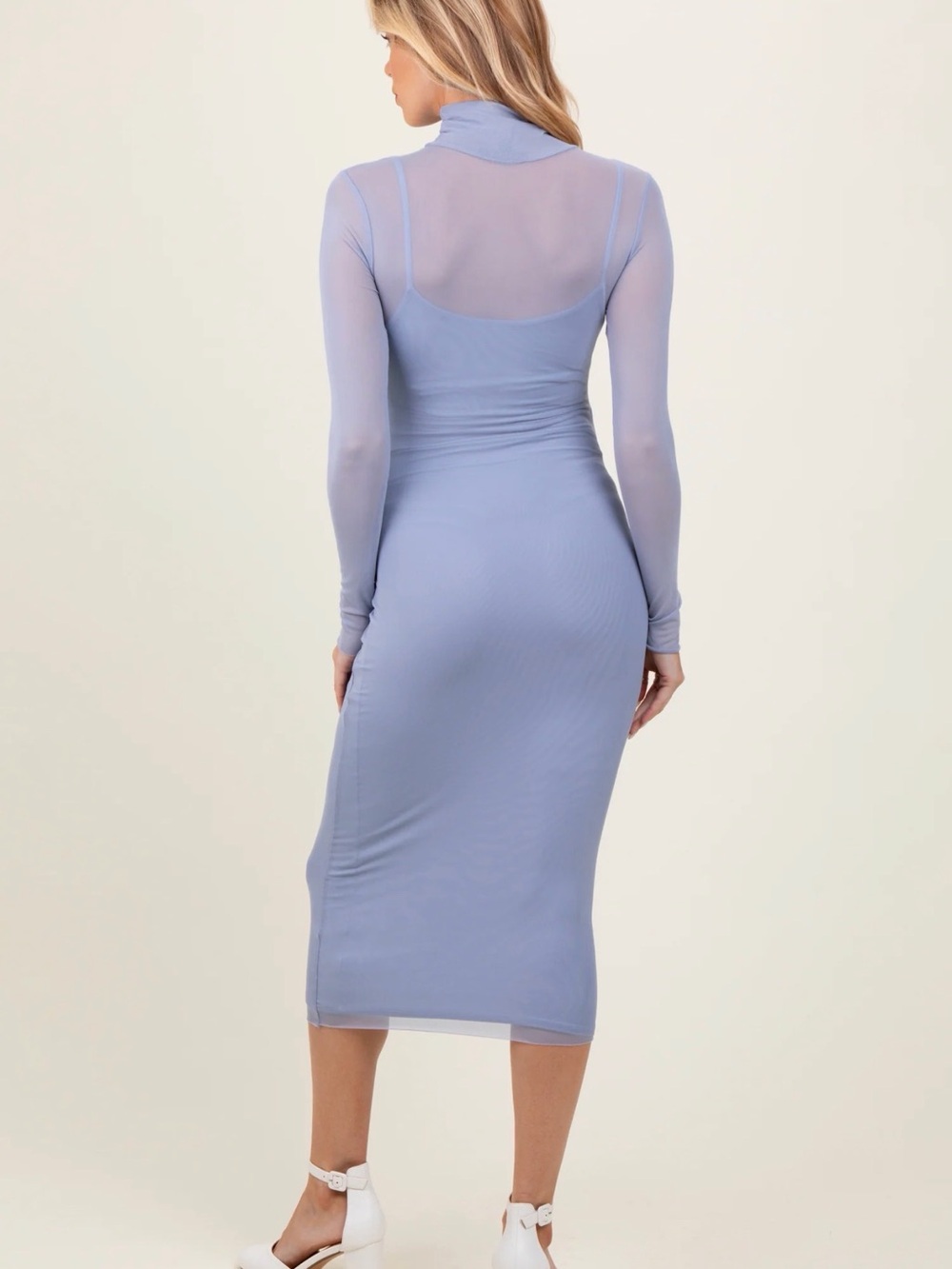 Powder Blue Long-Sleeve Mesh Overlay Maternity Midi Dress - Pinkblush - Picture 4 of 6